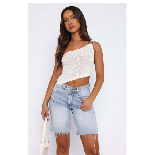 Damen asymmetrisches Spitzenoberteil mit funkelndem Ringdetail EB
