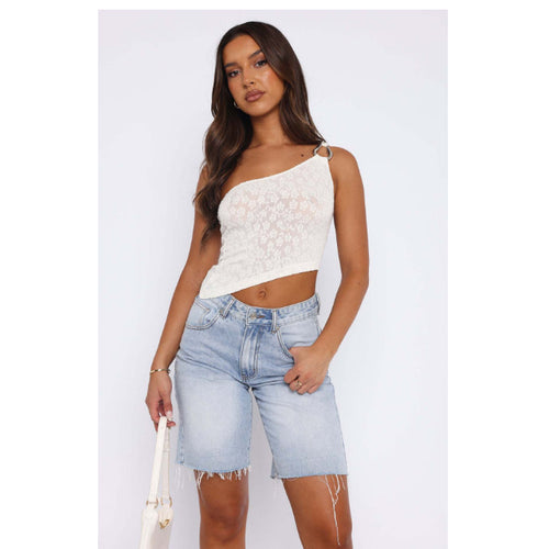 Damen asymmetrisches Spitzenoberteil mit funkelndem Ringdetail EB