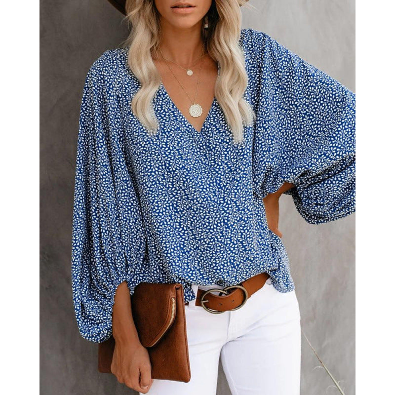 Damen Bluse mit weitem Puffärmel und eleganter V-Ausschnitt EB