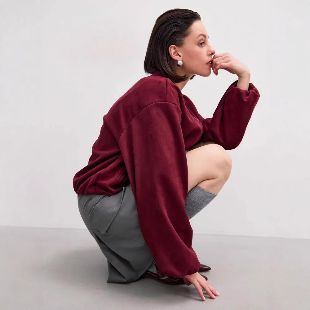 Damen weiche Oversized-Sweatjacke mit modernem Reißverschluss und seitlichen Eingrifftaschen EB