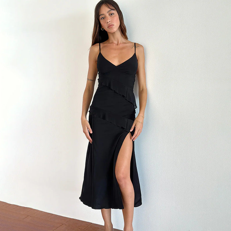 Damen elegantes Wickelkleid mit Rüschen und hohem Schlitz EB