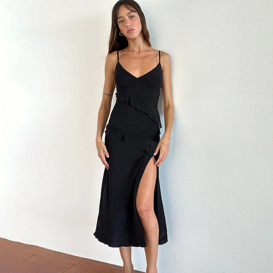 Damen elegantes Wickelkleid mit Rüschen und hohem Schlitz EB