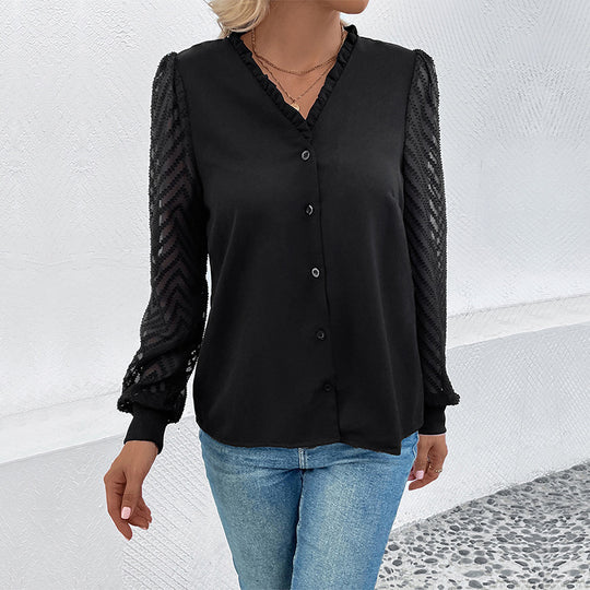 Damen elegante Bluse mit transparenten Rüschärmel und Knopfleiste EB