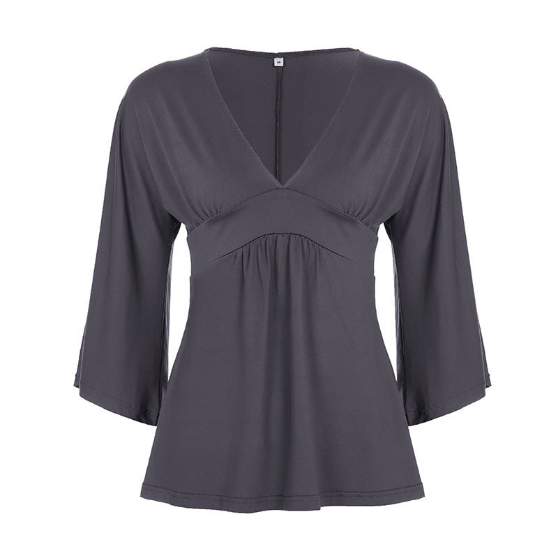 Damen Elegantes Wickeloberteil mit weitem Ärmel und V-Ausschnitt EB