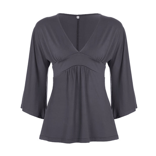 Damen Elegantes Wickeloberteil mit weitem Ärmel und V-Ausschnitt EB