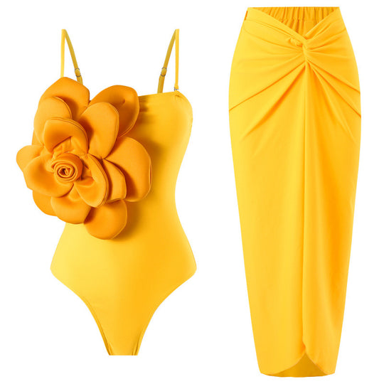 Damen Einteiler Badeanzug mit modischem Blumendesign und passendem Wickelrock EB