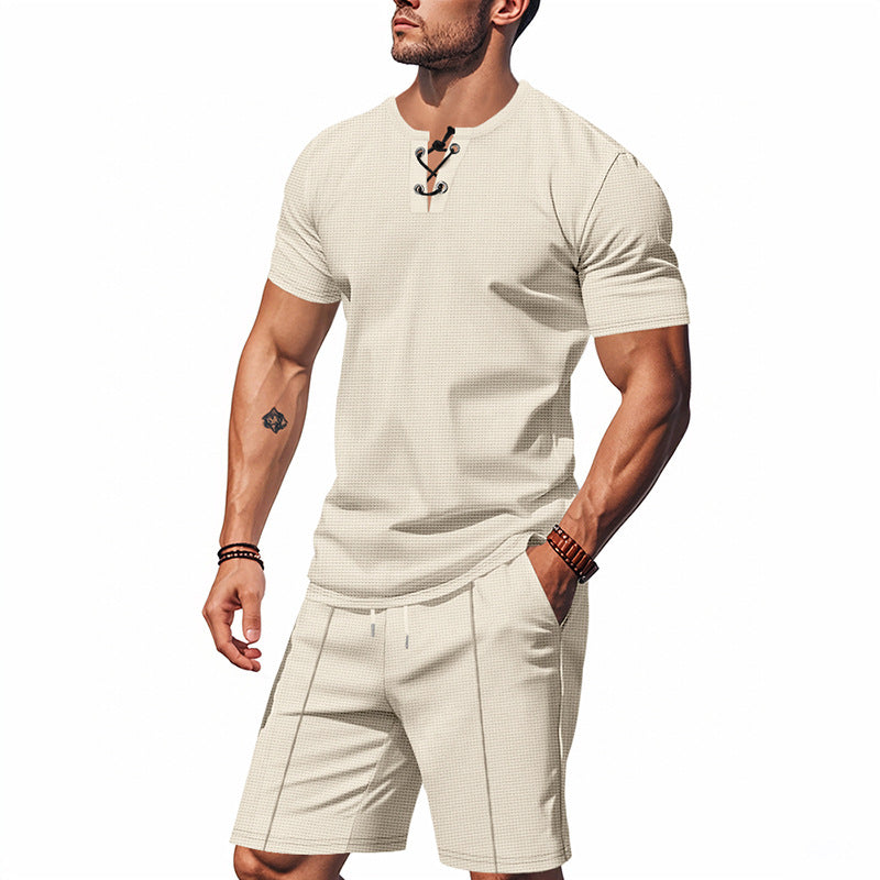 Herren nan kurzärmeliges Schnürkragen-Shirt im Waffeljersey mit Bundfalten-Bermuda EB