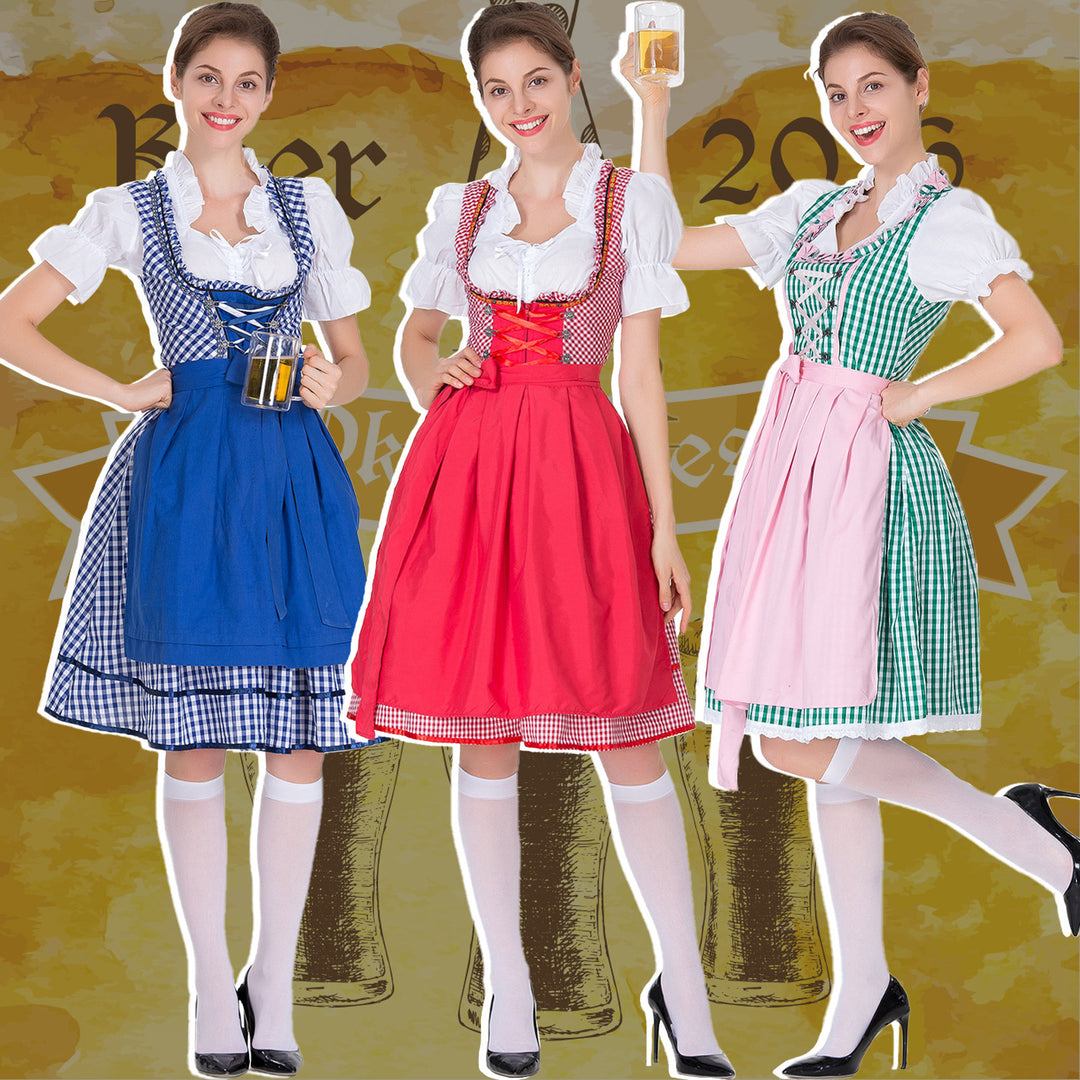 Damen nan karierter Dirndlkleid mit geraffter Schürze und geschnürter Miederfront EB