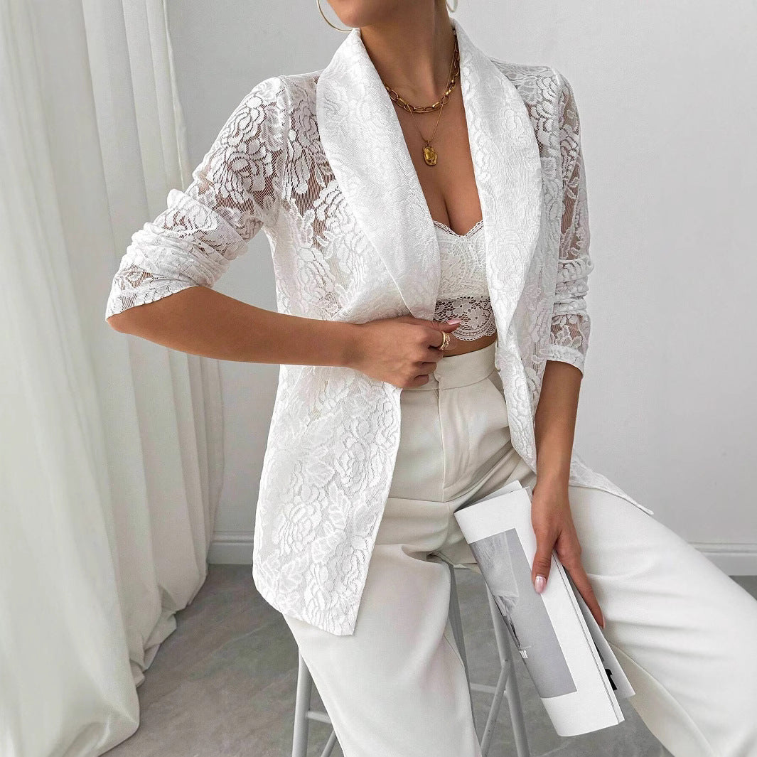 Damen nan Spitzenblazer mit Schalkragen und floraler Transparenz EB