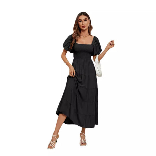 Damen Maxikleid mit Puffärmeln und elastischem Oberteil EB