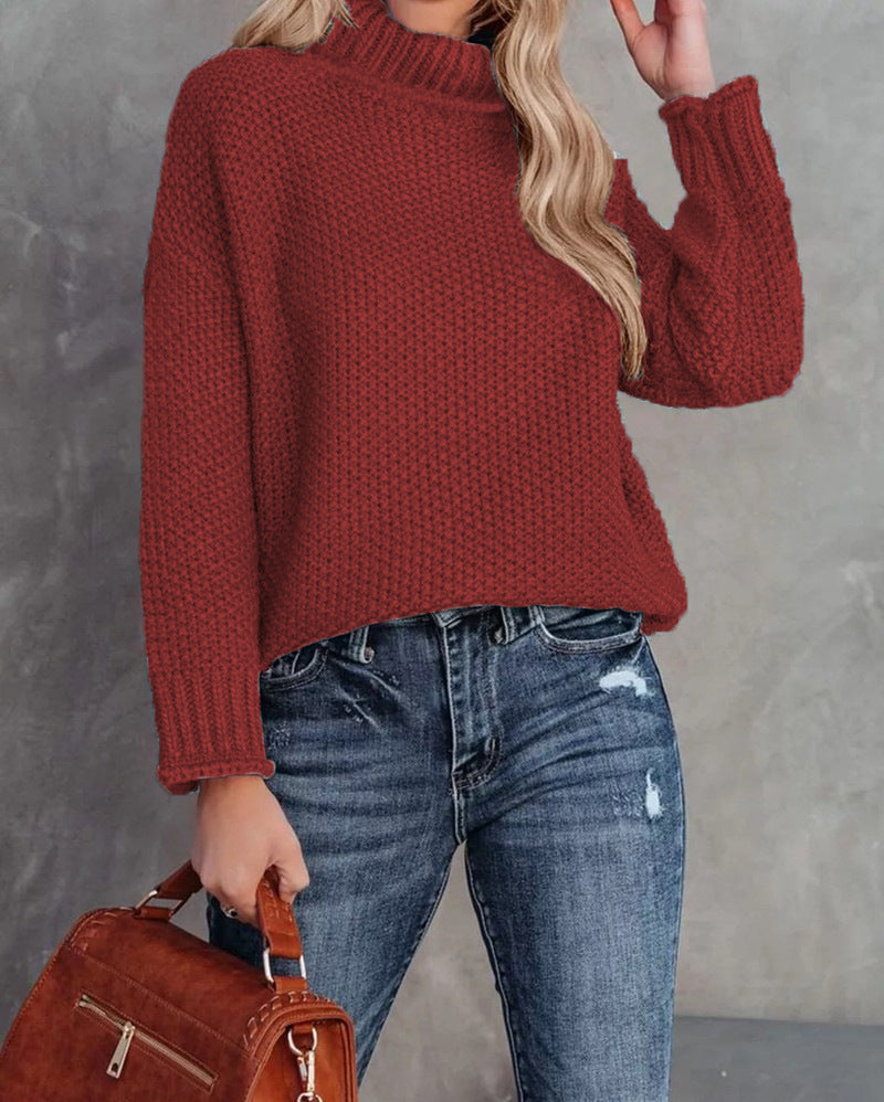 Damen kuscheliger Strickpullover mit hohem Kragen und luftiger Struktur EB