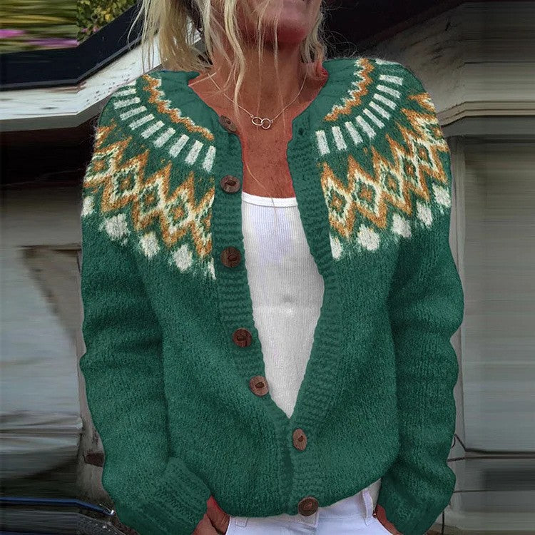 Damen nan gemusterte Strickjacke mit Rundpasse, Holzknöpfen und Eingrifftaschen EB
