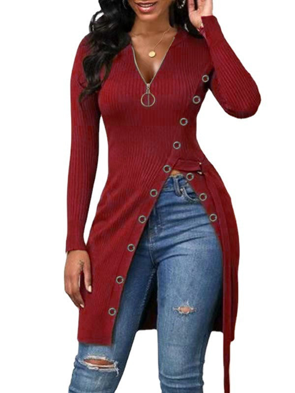 Damen figurbetontes Wickelshirt mit Knopfdetails und tiefem V-Ausschnitt EB