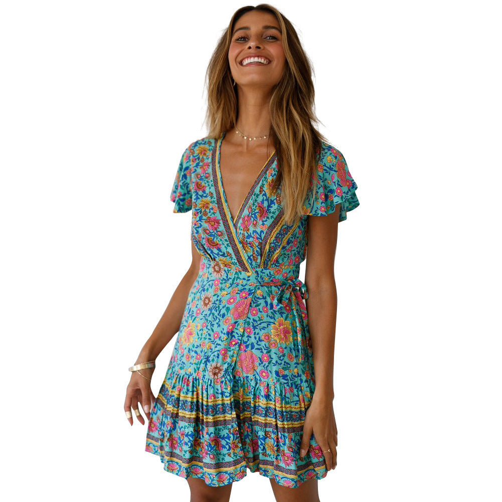 Damen Wickelkleid mit floralem Design und Rüschendetails EB