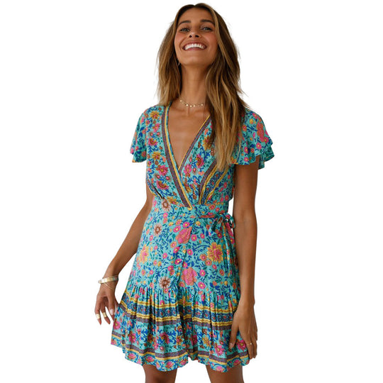Damen Wickelkleid mit floralem Design und Rüschendetails EB