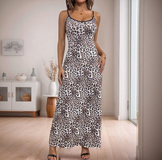 Damen Maxikleid mit zeitgemäßem Leopard-Print und verstellbaren Spagettiträgern EB