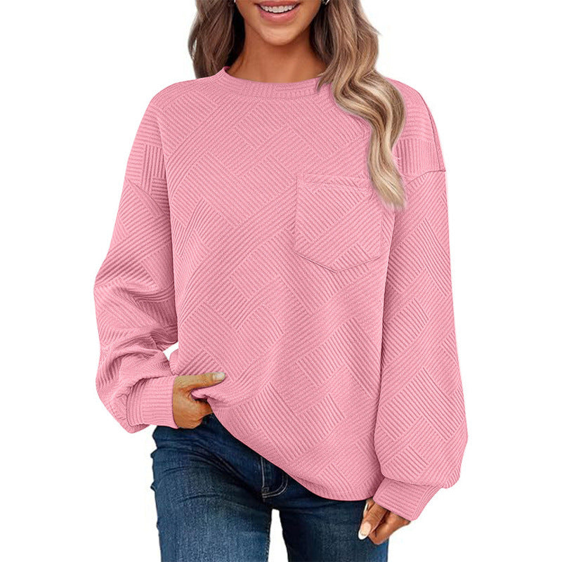 Damen lässiger Pullover mit strukturiertem Muster und praktischer Brusttasche EB
