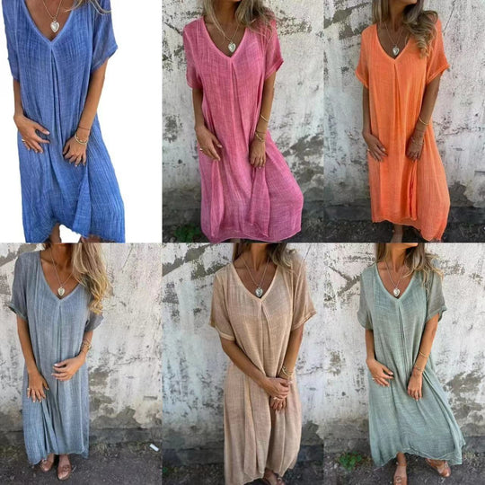 Damen Leichtes Sommerkleid mit V-Ausschnitt und weiten Ärmeln EB