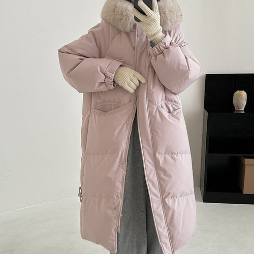 Damen Lange gefütterte Winterjacke mit hochwertigem Kunstfellkragen und praktischen Taschen EB
