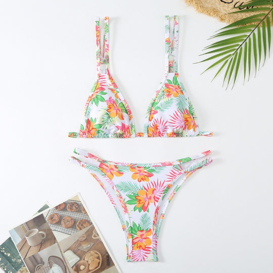 Damen Triangel-Bikini mit verspieltem Blumenmuster und raffinierten Schnürdetails EB