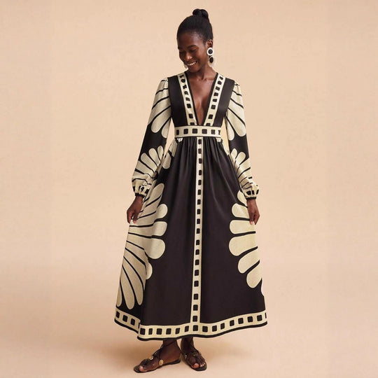 Damen Maxi-Kleid mit tiefem V-Ausschnitt und extravaganten Ärmel-Designs EB