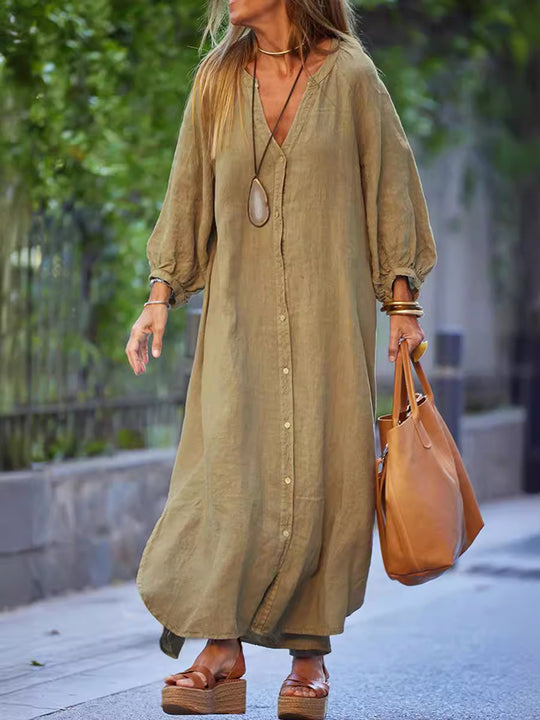 Damen Maxikleid mit Knöpfen und eleganten Ärmeln EB