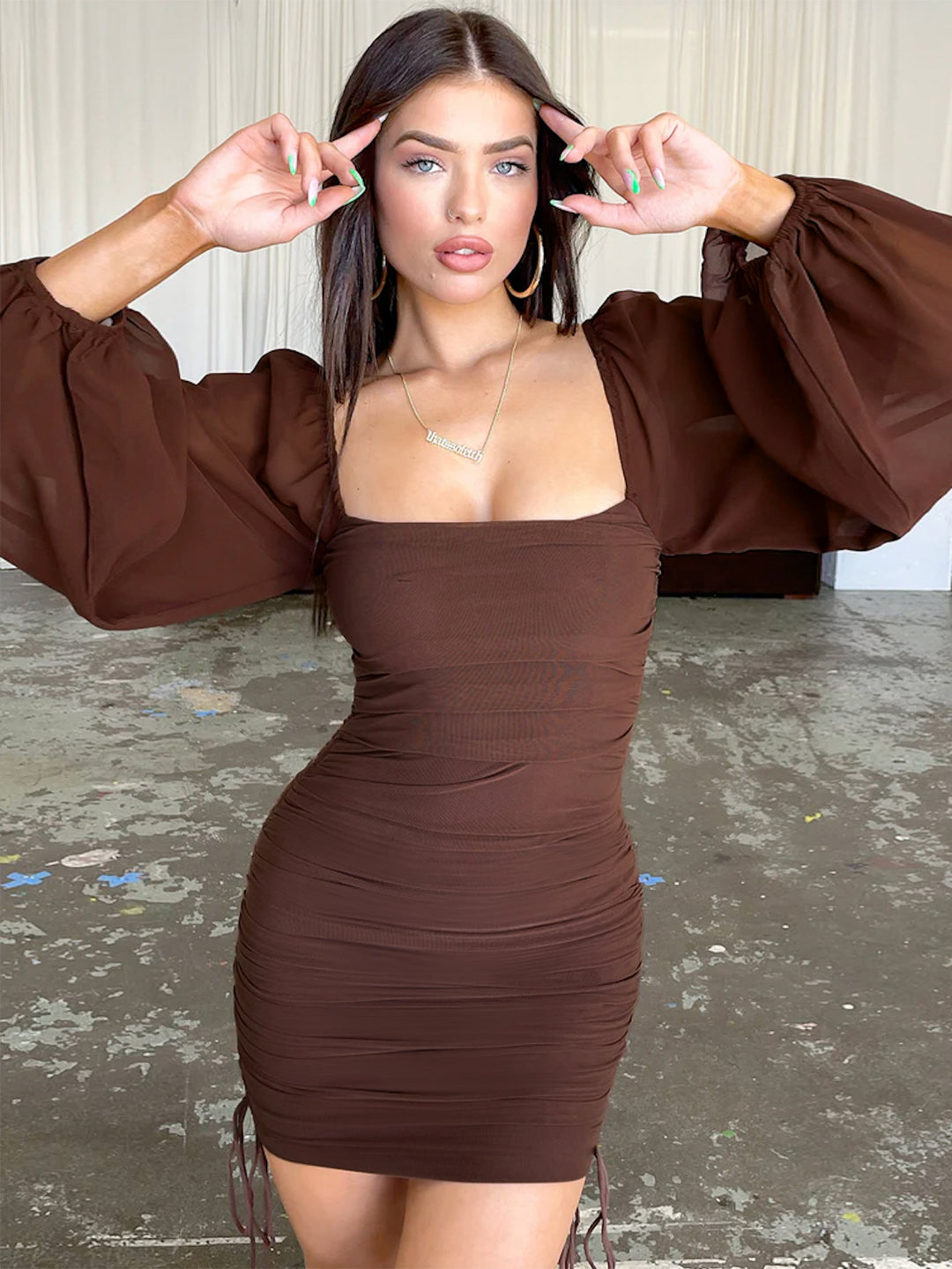 Damen Figurbetontes Minikleid mit puffärmel und seitlicher Raffung EB