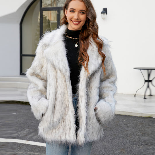 Damen Elegante Kunstpelzjacke mit breitem Revers und lockerer Passform EB