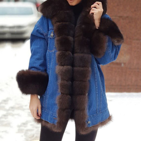 Damen Denimjacke mit luxuriös gefüttertem Kunstfellkragen EB