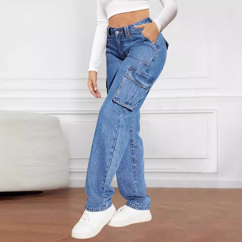 Damen Cargo-Jeans mit hoher Taille und praktischen Taschen EB