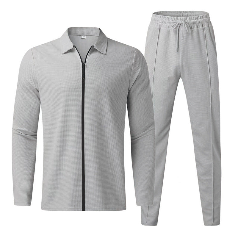 Herren Strukturiertes Waffel-Loungewear-Set mit Kragen-Halbzip & Kordelzughose EB