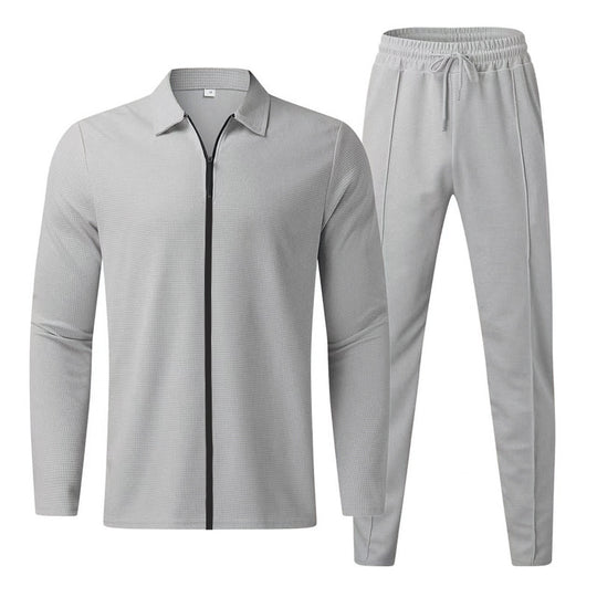 Herren Strukturiertes Waffel-Loungewear-Set mit Kragen-Halbzip & Kordelzughose EB