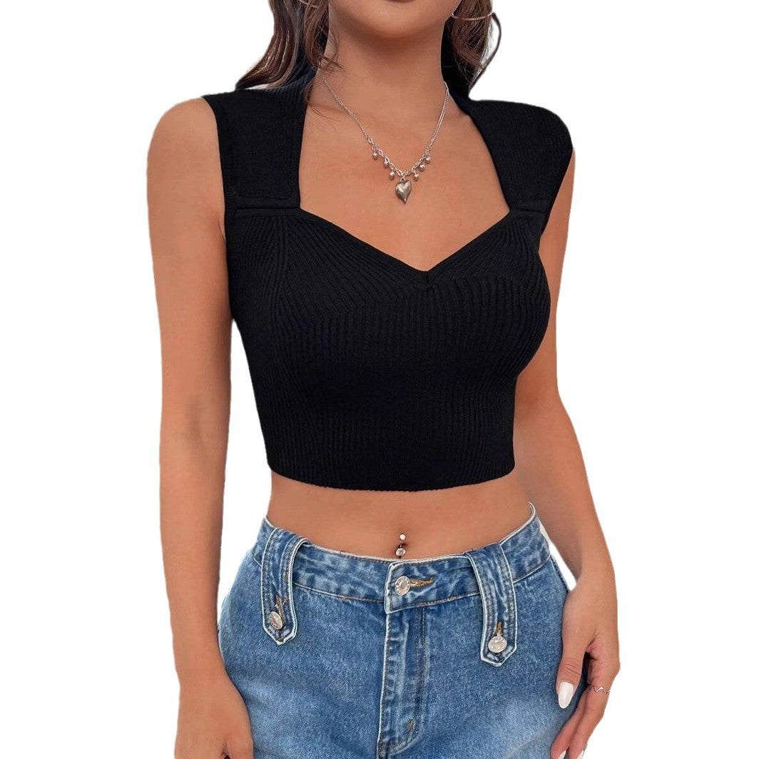 Damen Elegantes Crop-Top mit V-Ausschnitt und feiner Rippenstruktur EB