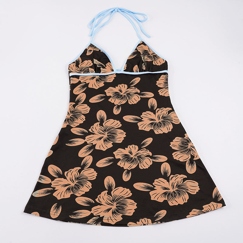 Damen Blütenmuster Strandkleid mit Spaghetti-Trägern und offener Rückenpartie EB