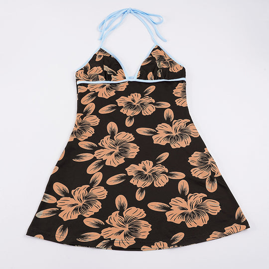 Damen Blütenmuster Strandkleid mit Spaghetti-Trägern und offener Rückenpartie EB