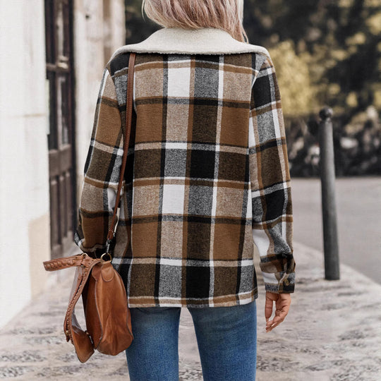 Damen lässige Karojacke mit weichem Innenfutter und praktischen Taschen EB