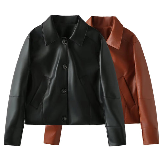 Damen elegante Kunstlederjacke mit moderner Silhouette und praktischen Taschen EB