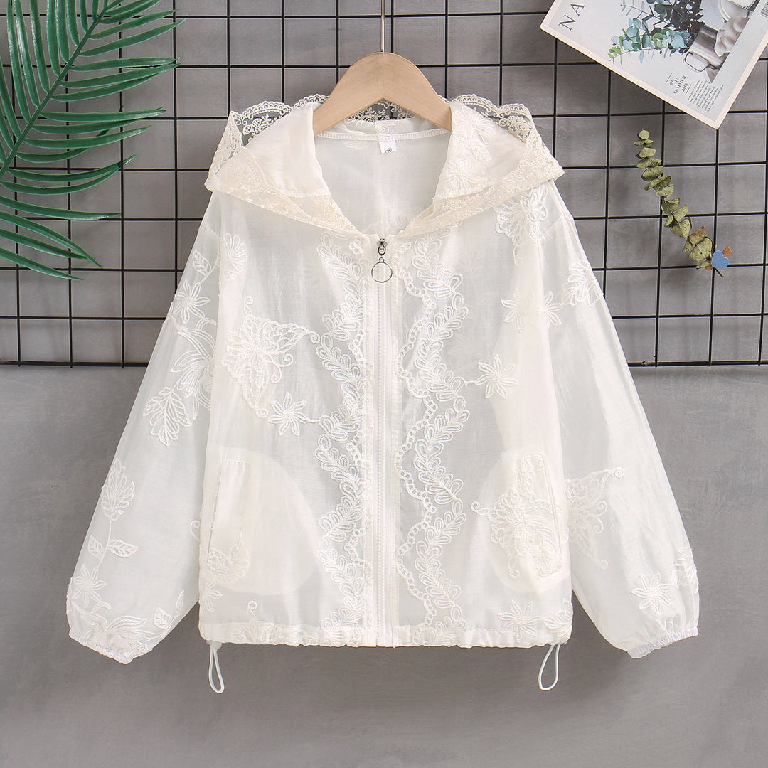 Damen nan transparente bestickte Kapuzenjacke mit Reißverschluss und Tunnelzug R&B