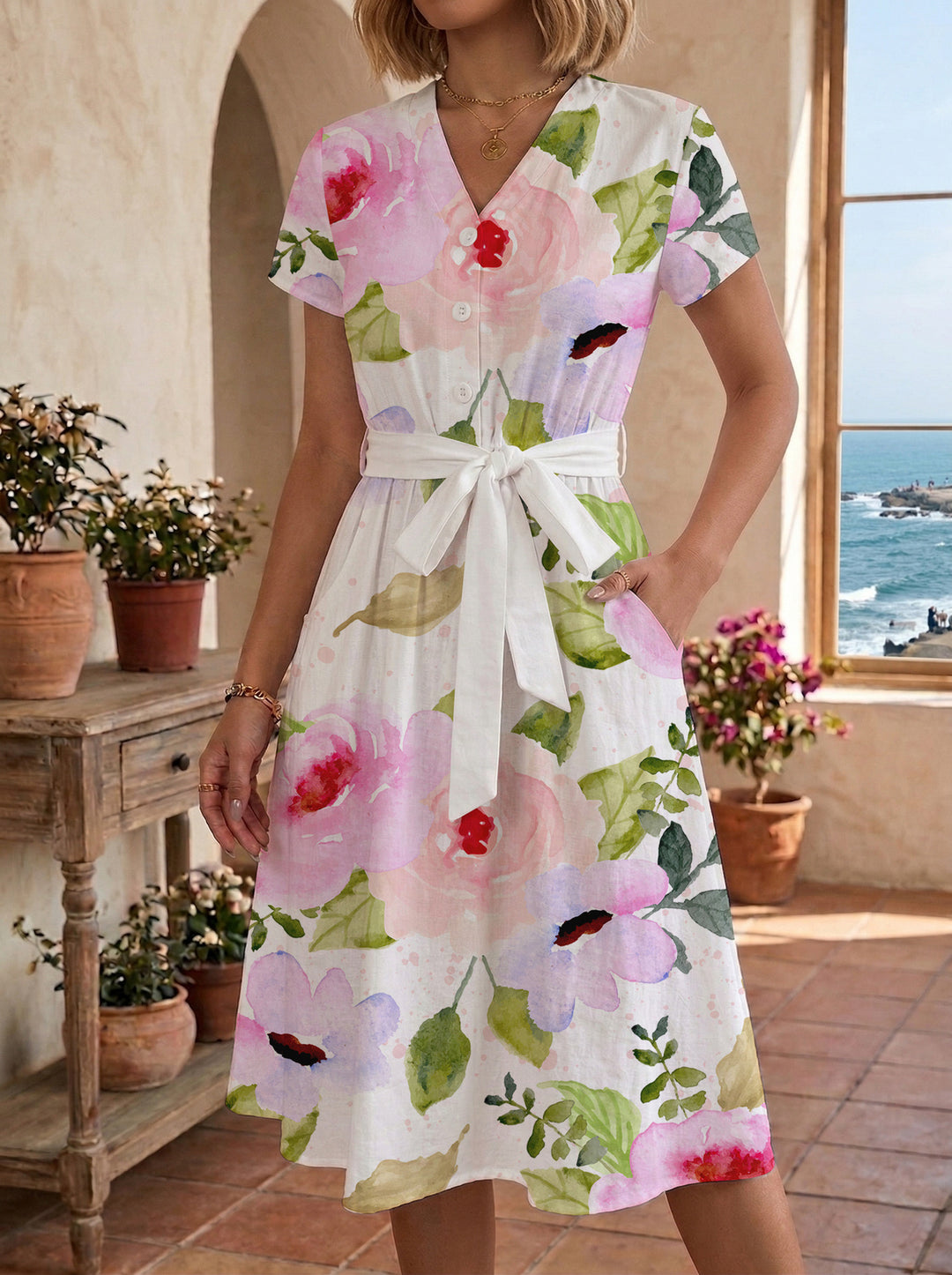Damen Midi-Kleid mit floralem Design und bequemer Passform EB