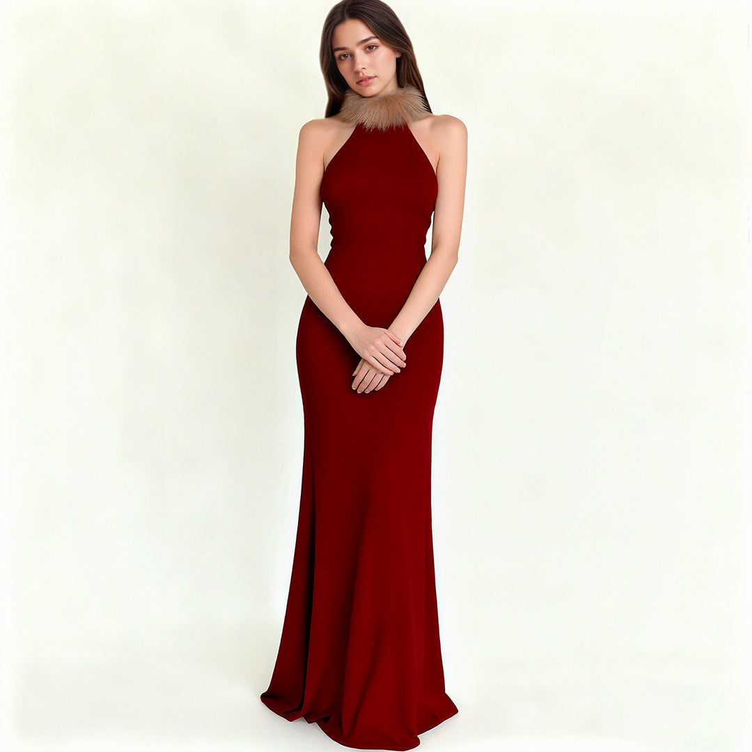 Damen Elegantes Maxikleid mit luxuriösem Kunstpelzkragen EB