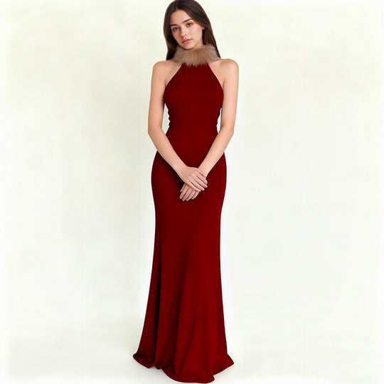 Damen Elegantes Maxikleid mit luxuriösem Kunstpelzkragen EB