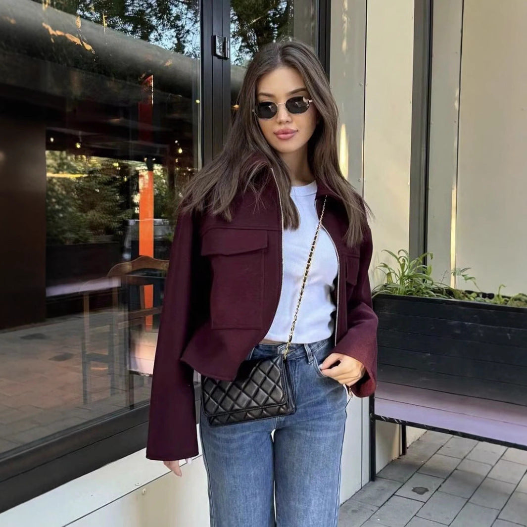 Damen lässige Wolljacke mit praktischen Pattentaschen und Reißverschluss EB