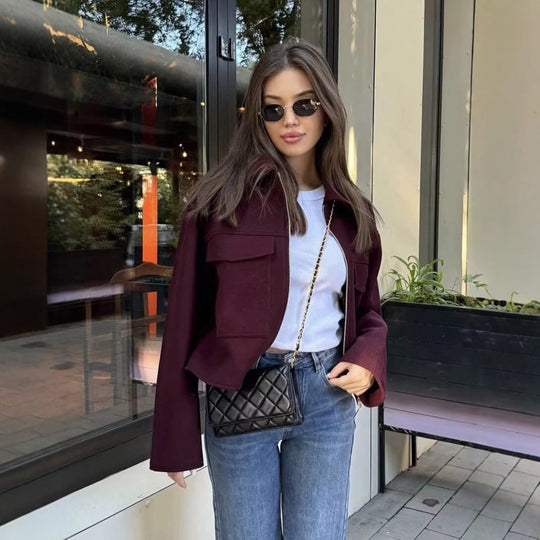 Damen lässige Wolljacke mit praktischen Pattentaschen und Reißverschluss EB