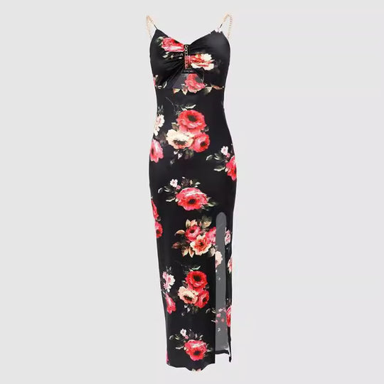 Damen figurbetontes Maxikleid mit floralem Muster und Cut-Out-Detail EB