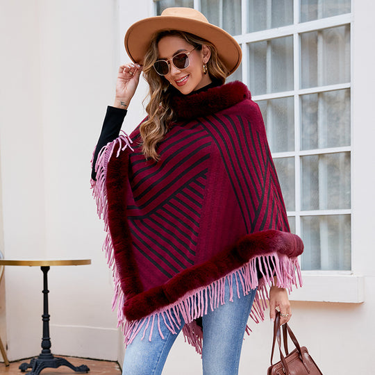 Damen modischer Poncho mit elegante Fransenverzierung EB