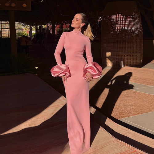 Damen Maxikleid mit rüschenförmigen Ärmeln und elegantem Stehkragen EB