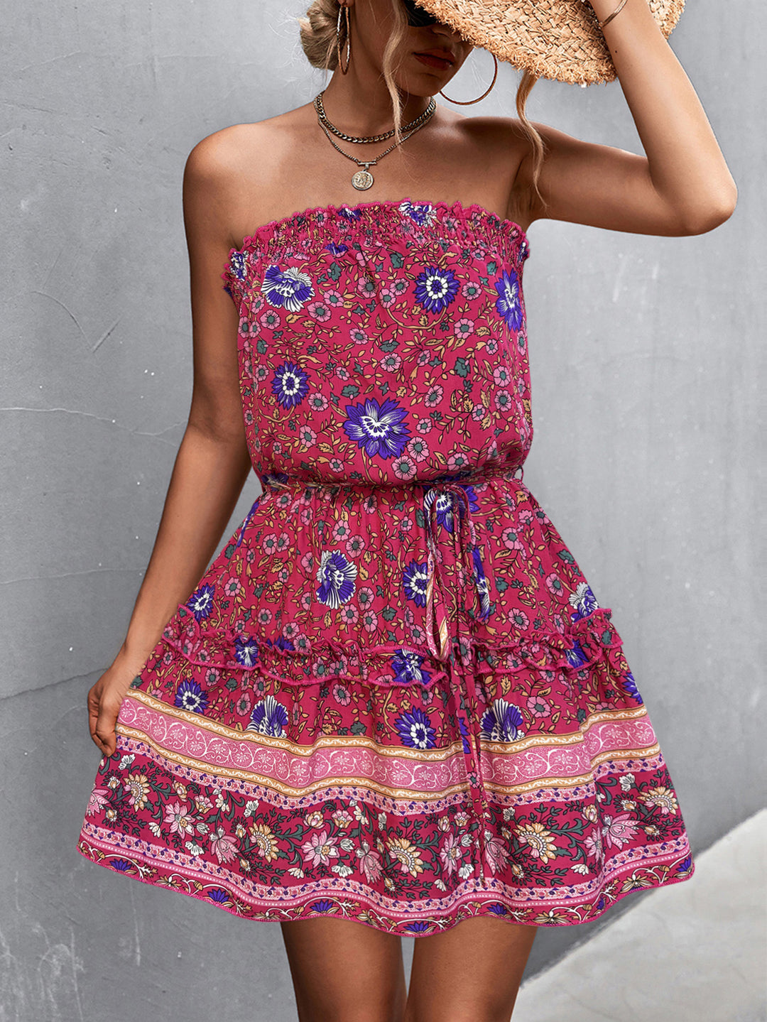 Damen Schulterfreies Minikleid mit buntem Blumenmuster und elastischem Taillenbund EB