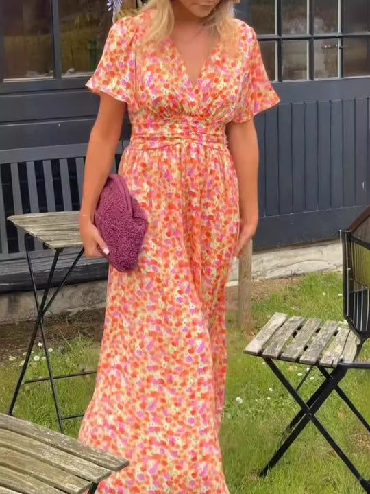 Damen Maxikleid mit floraler Raffung und V-Ausschnitt EB