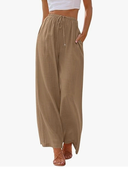 Damen nan weite Leinenhose mit elastischem Bund Kordel und Seitentaschen EB