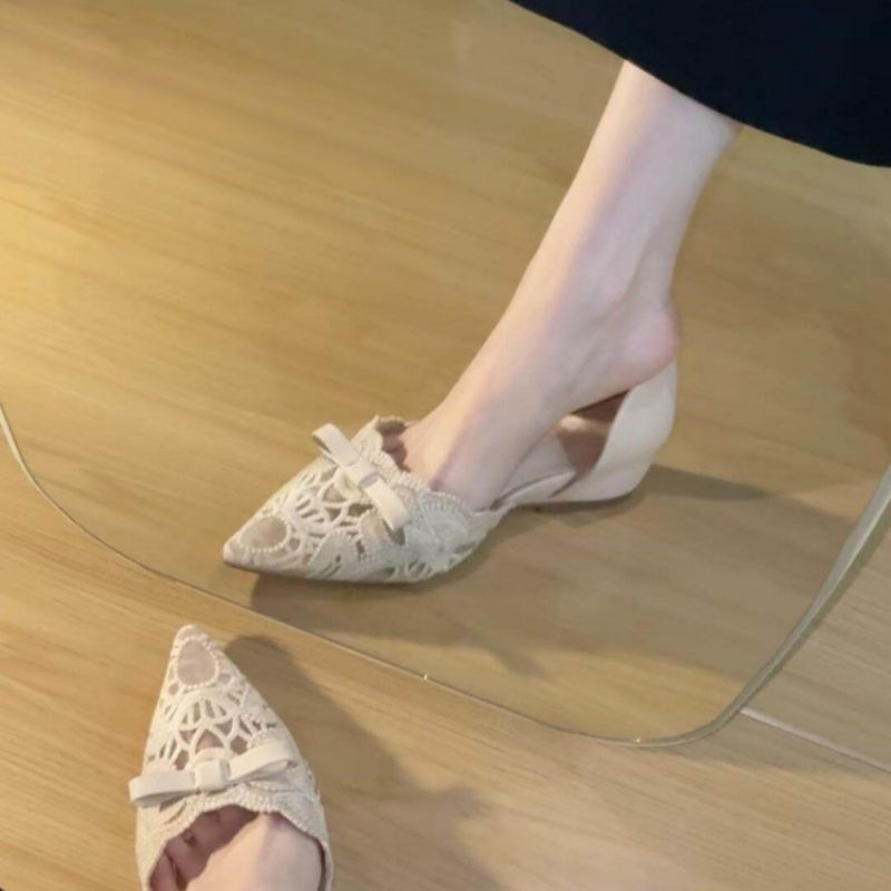 Damen Slingback Ballerinas mit durchbrochener Spitze und zierlicher Schleifenverzierung EB